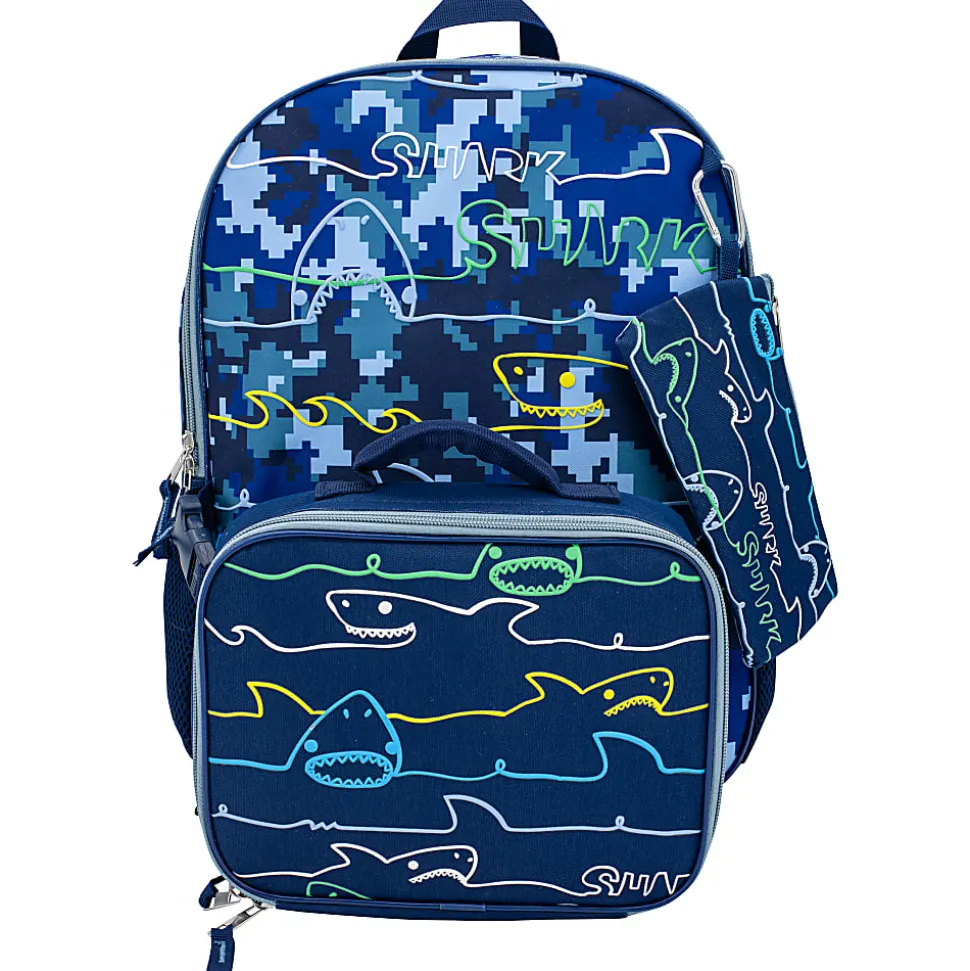 Accessory Innovations Shark Zone 3-Piece Backpack Set With 16” Backpack, Lunch Box, Carabiner And Pencil Case, Blue