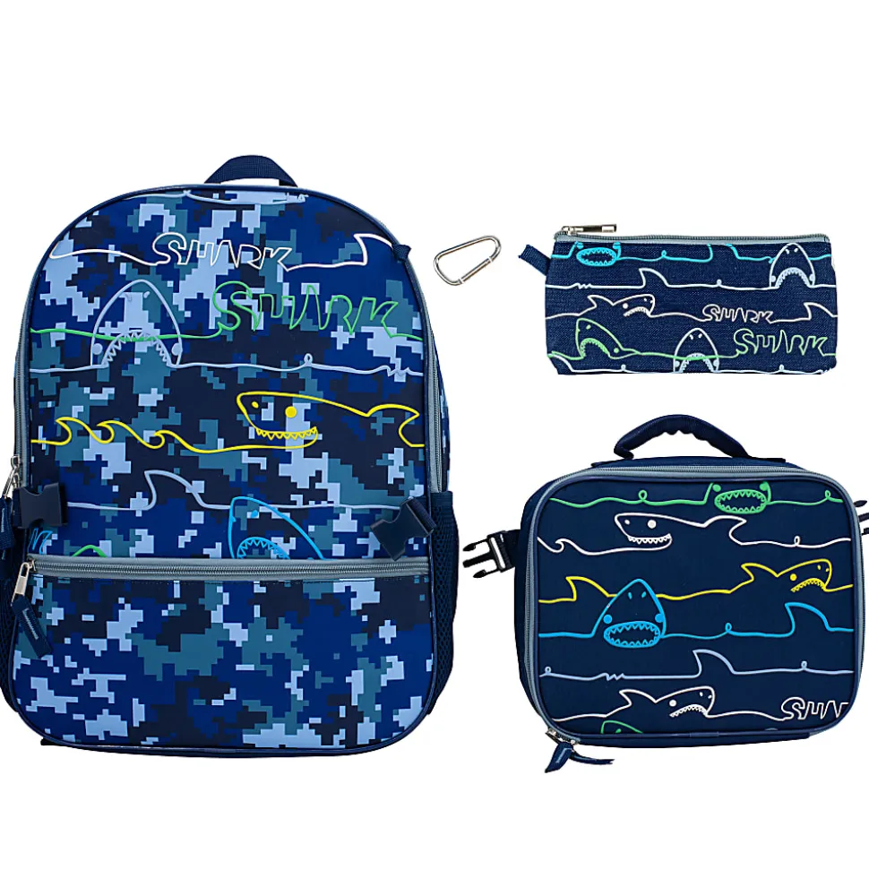 Accessory Innovations Shark Zone 3-Piece Backpack Set With 16” Backpack, Lunch Box, Carabiner And Pencil Case, Blue