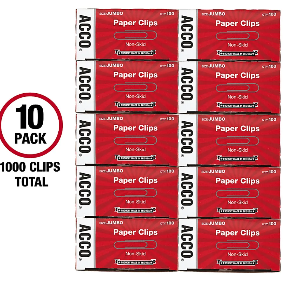 ACCO® Economy Non-Skid Paper Clips, 1000 Total, Jumbo, Silver, 100 Per Box, Pack Of 10 Boxes