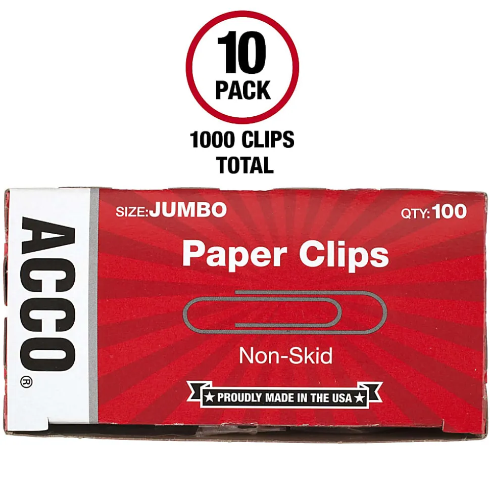ACCO® Economy Non-Skid Paper Clips, 1000 Total, Jumbo, Silver, 100 Per Box, Pack Of 10 Boxes