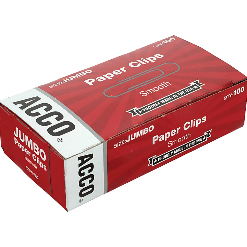 ACCO® Economy Smooth Paper Clips, 1000 Total, Jumbo, Silver, 100 Per Box, Pack Of 10 Boxes