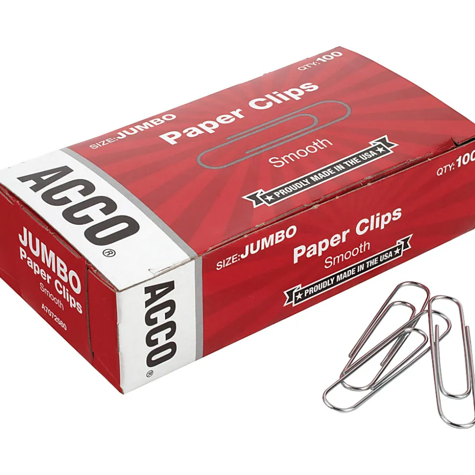 ACCO® Economy Smooth Paper Clips, 1000 Total, Jumbo, Silver, 100 Per Box, Pack Of 10 Boxes