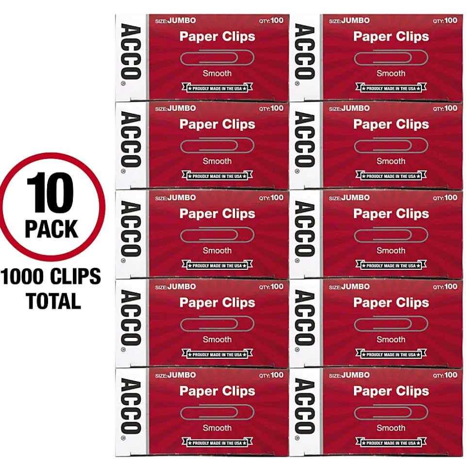 ACCO® Economy Smooth Paper Clips, 1000 Total, Jumbo, Silver, 100 Per Box, Pack Of 10 Boxes