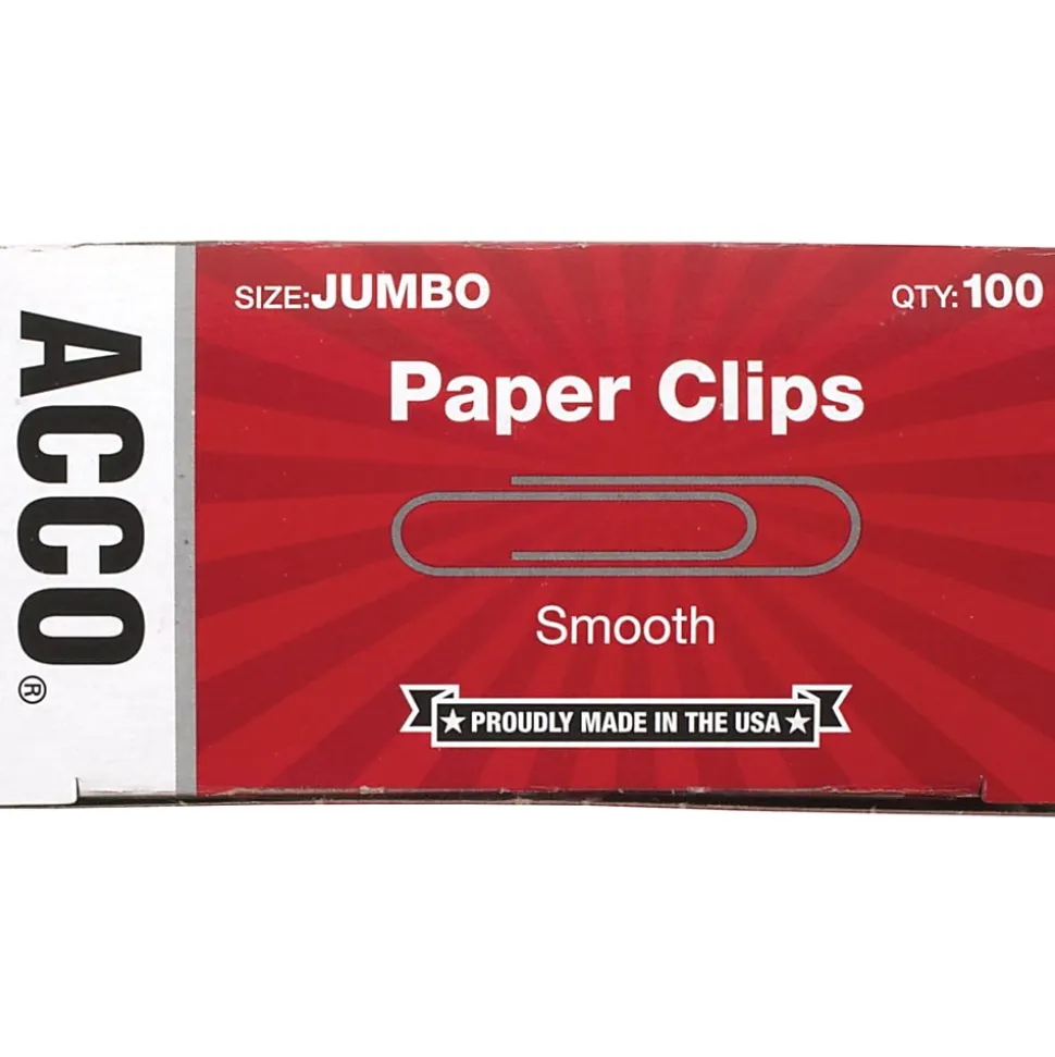 ACCO® Economy Smooth Paper Clips, 1000 Total, Jumbo, Silver, 100 Per Box, Pack Of 10 Boxes