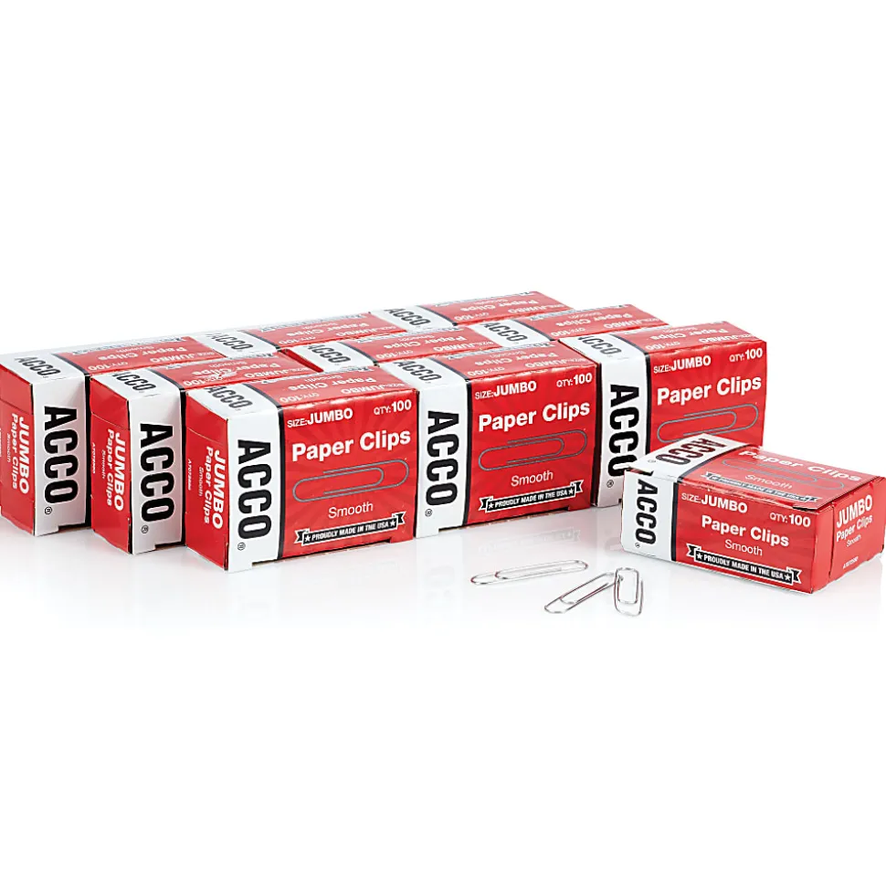 ACCO® Economy Smooth Paper Clips, 1000 Total, Jumbo, Silver, 100 Per Box, Pack Of 10 Boxes