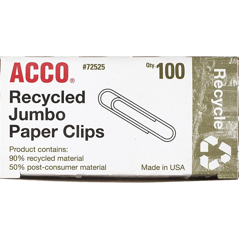 ACCO® Paper Clips, Box Of 100, Jumbo, 90% Recycled, Silver