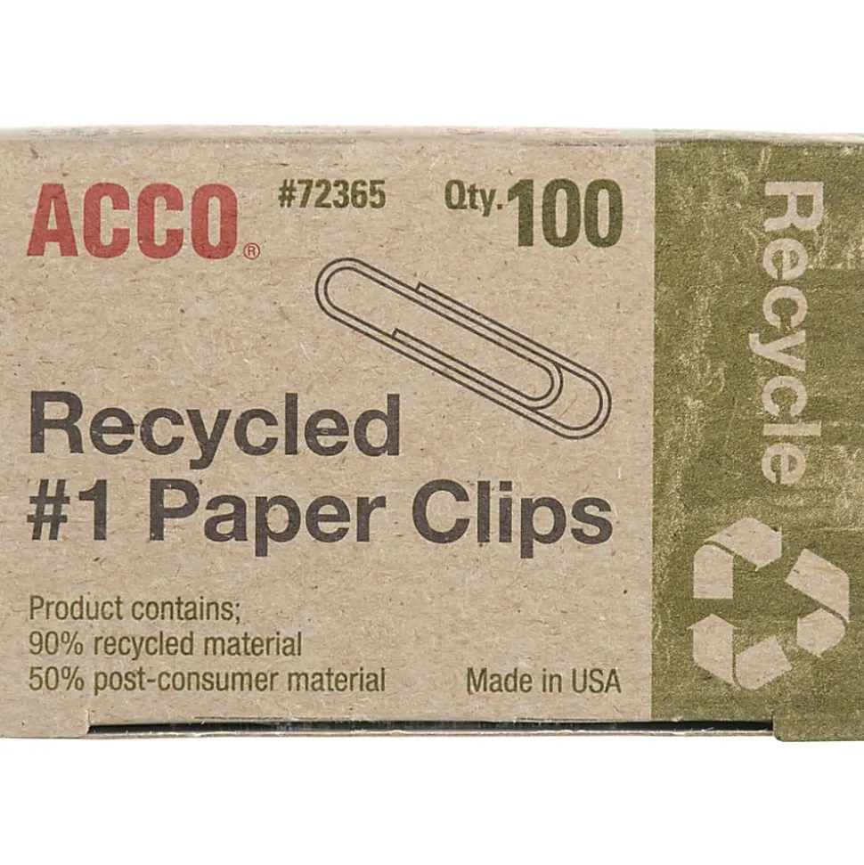 ACCO® Paper Clips, Box Of 100, No. 1, 90% Recycled, Silver