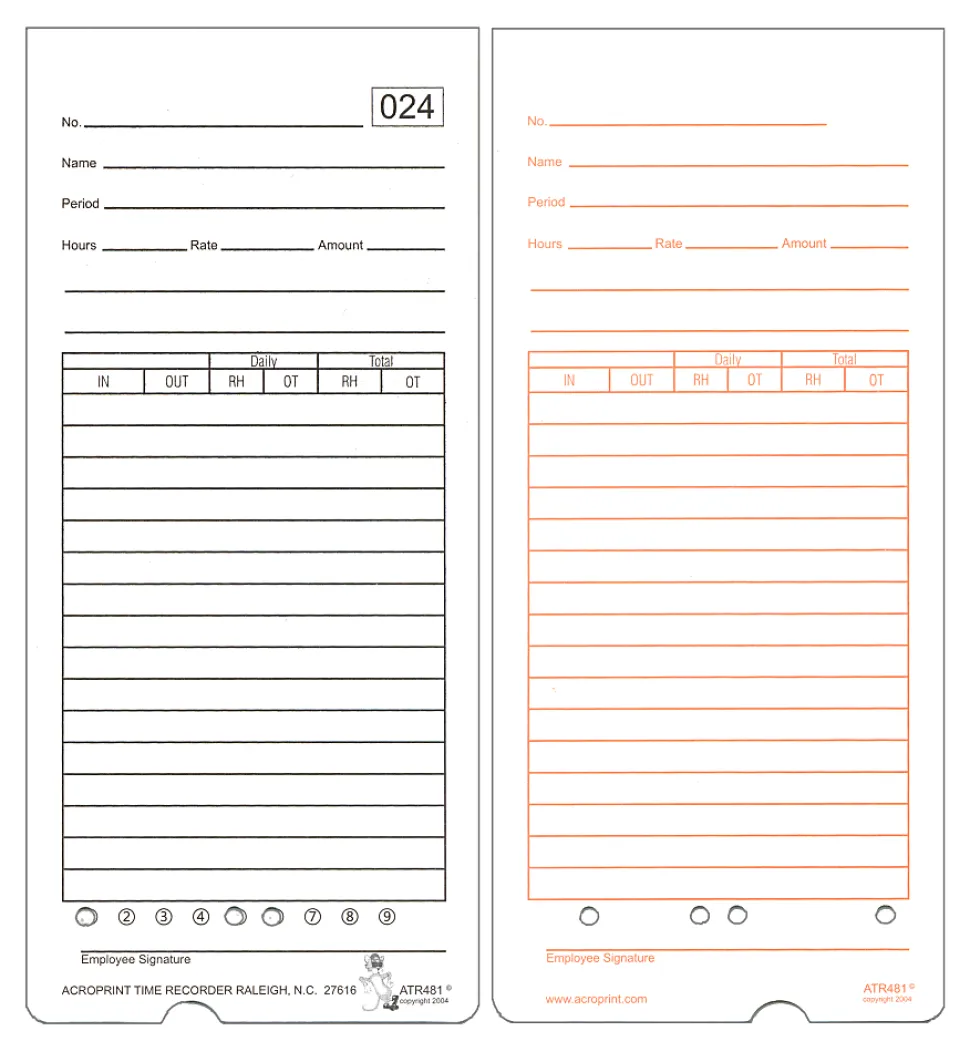 Acroprint ATR480 Weekly/Bi-Weekly/Monthly Time Cards, 2-Sided, 3-3/8" x 7-1/2", Pack Of 50 Time Cards