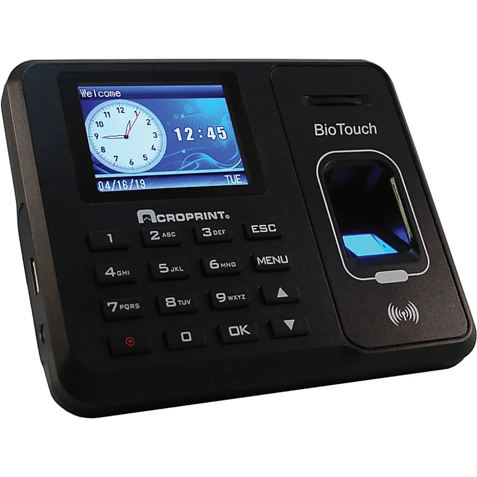 Acroprint BioTouch Time Clock, 500 Employees, 5"H x 6"W x 1-1/2"D, Black