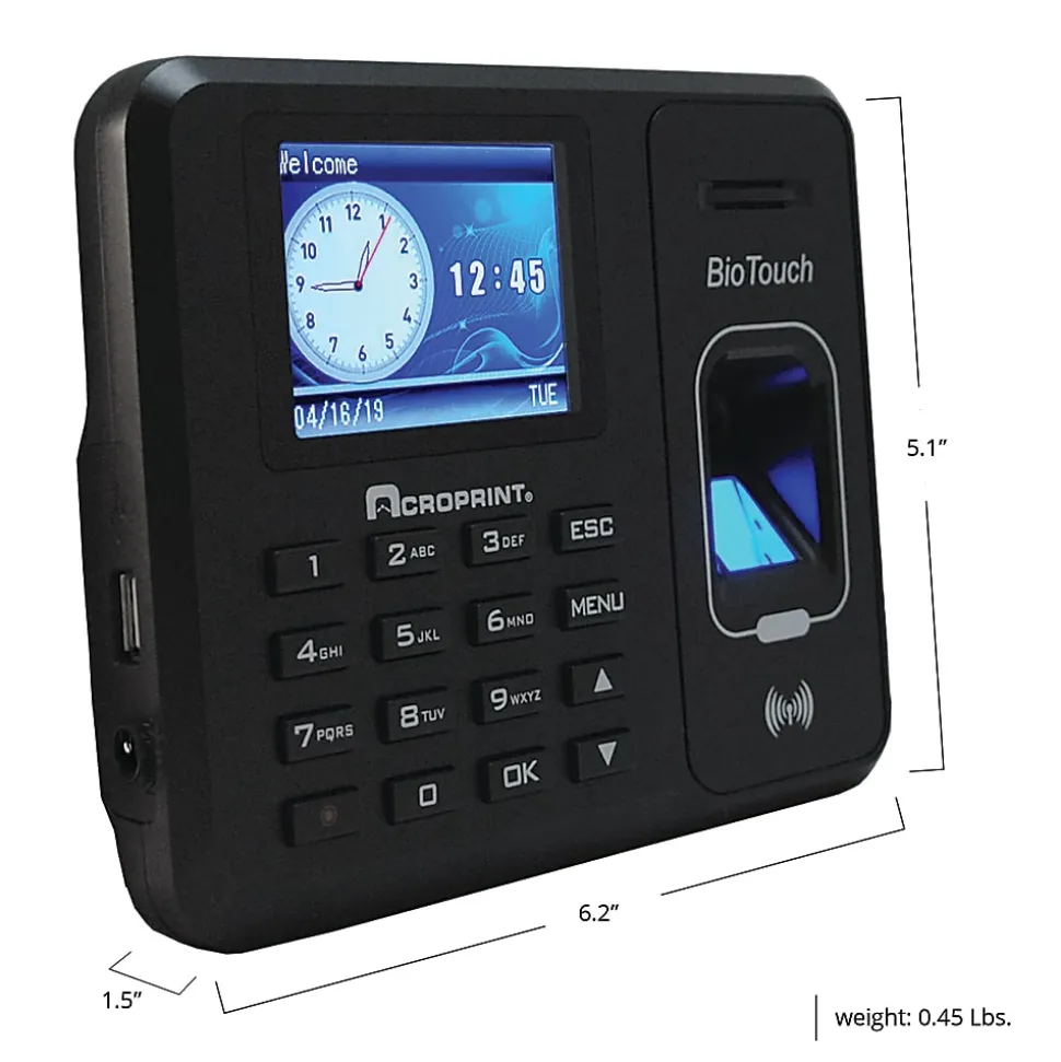Acroprint BioTouch Time Clock, 500 Employees, 5"H x 6"W x 1-1/2"D, Black
