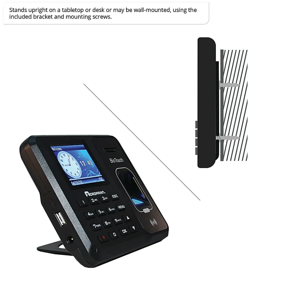 Acroprint BioTouch Time Clock, 500 Employees, 5"H x 6"W x 1-1/2"D, Black