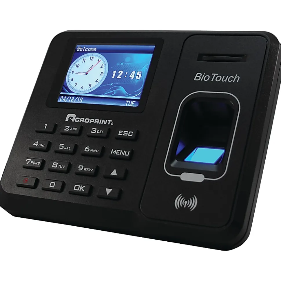 Acroprint BioTouch Time Clock, 500 Employees, 5"H x 6"W x 1-1/2"D, Black