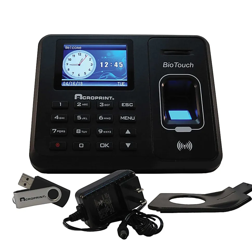 Acroprint BioTouch Time Clock, 500 Employees, 5"H x 6"W x 1-1/2"D, Black