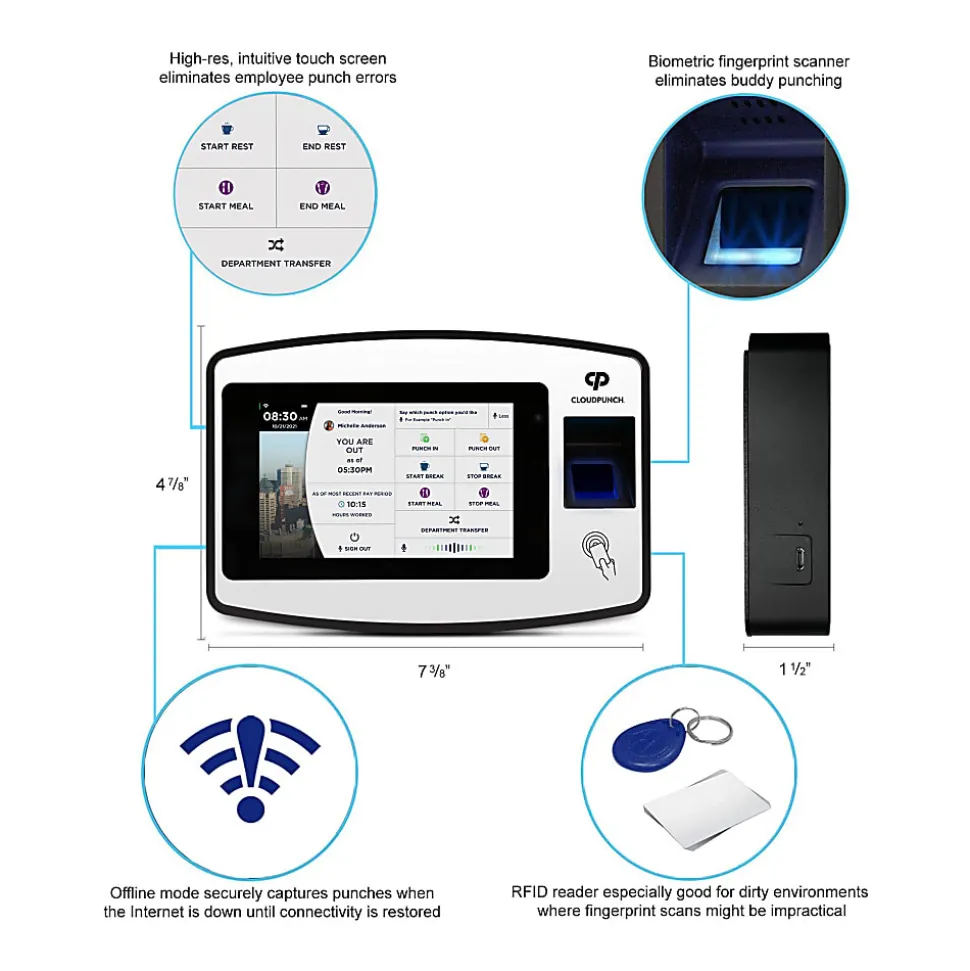 Acroprint CloudPunch Touch Tablet Time Clock, 150 Employees, 6-9/16"H x 11-1/8"W x 2.3/4"D, CP200