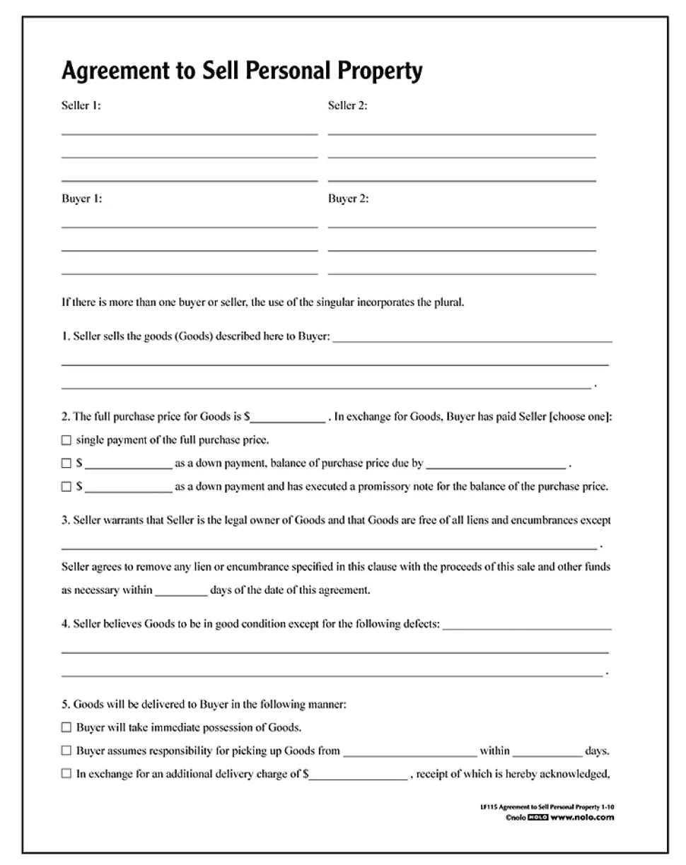 Adams® Agreement To Sell Personal Property