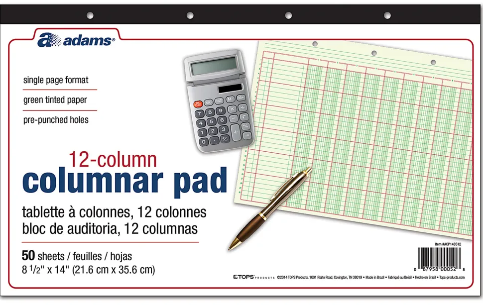 Adams® Analysis Pad, 14" x 8 1/2", 50 Pages (50 Sheets), 12 Columns, Green