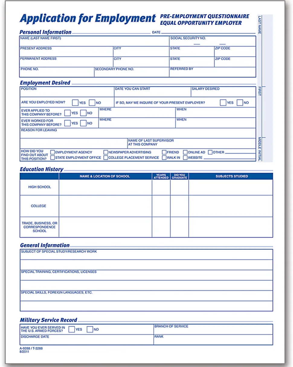 Adams® Application For Employment, 8 1/2" x 11", Pack Of 25