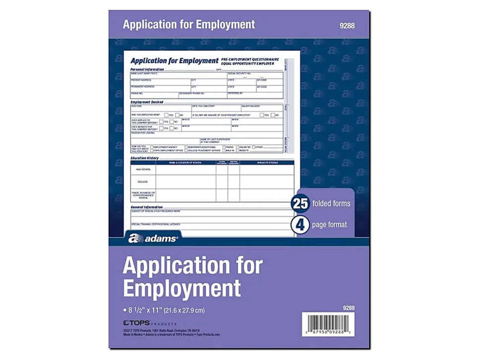Adams® Application For Employment, 8 1/2" x 11", Pack Of 25