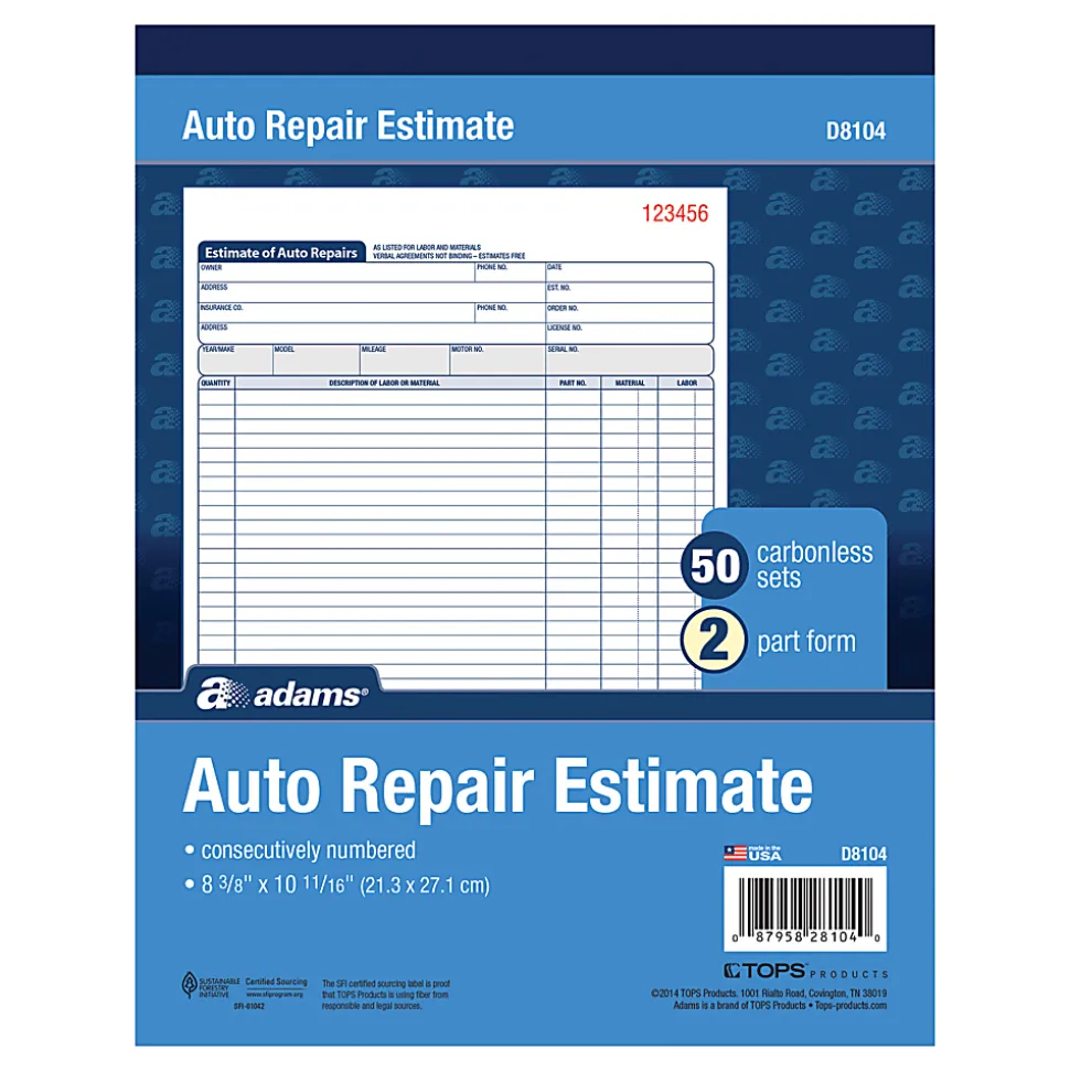 Adams® Auto Repair Estimate Book, 2-Part, 8 7/16" x 10 3/4", White/Canary, 50 Sets Per Book