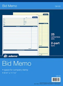 Adams® Bid Memo Book, 8 3/8" x 11 7/16", White, 50 Sheets Per Book