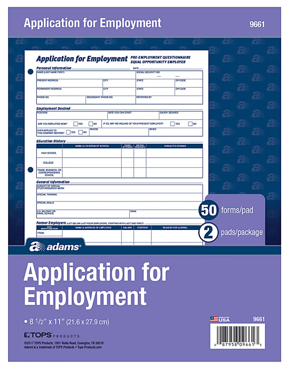Adams® Bilingual Employee Application, English/Spanish