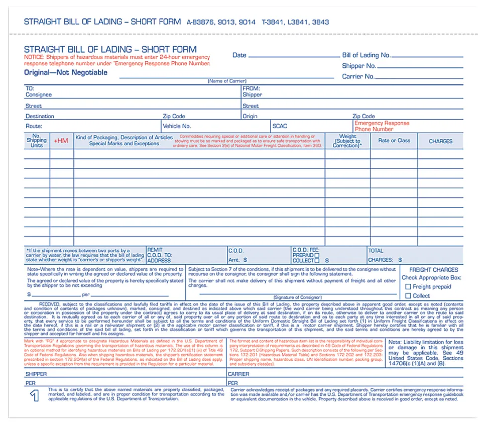Adams® Bill Of Lading Forms, 8 1/2" x 7 7/16", 3-Part, Pack Of 50 Sets