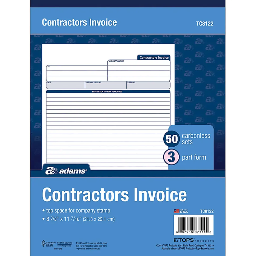 Adams® Carbonless Contractor's Invoices, 3-Part, 50 Sets