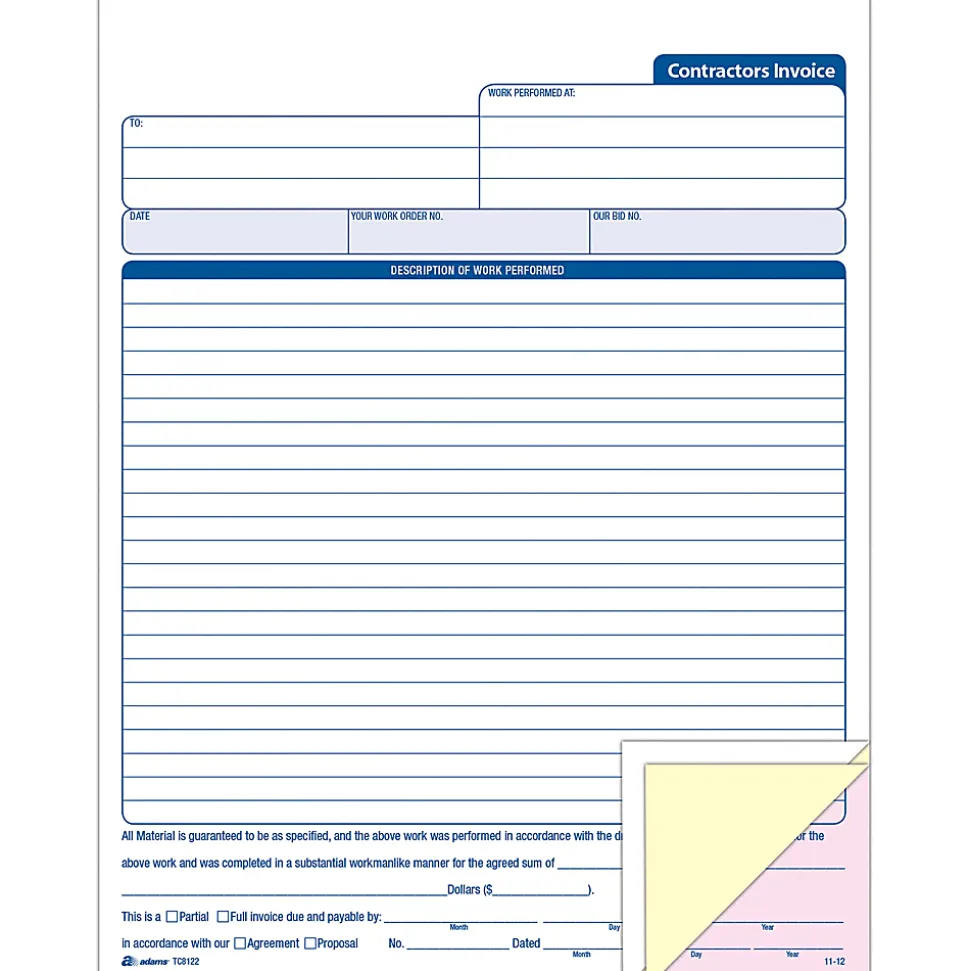 Adams® Carbonless Contractor's Invoices, 3-Part, 50 Sets