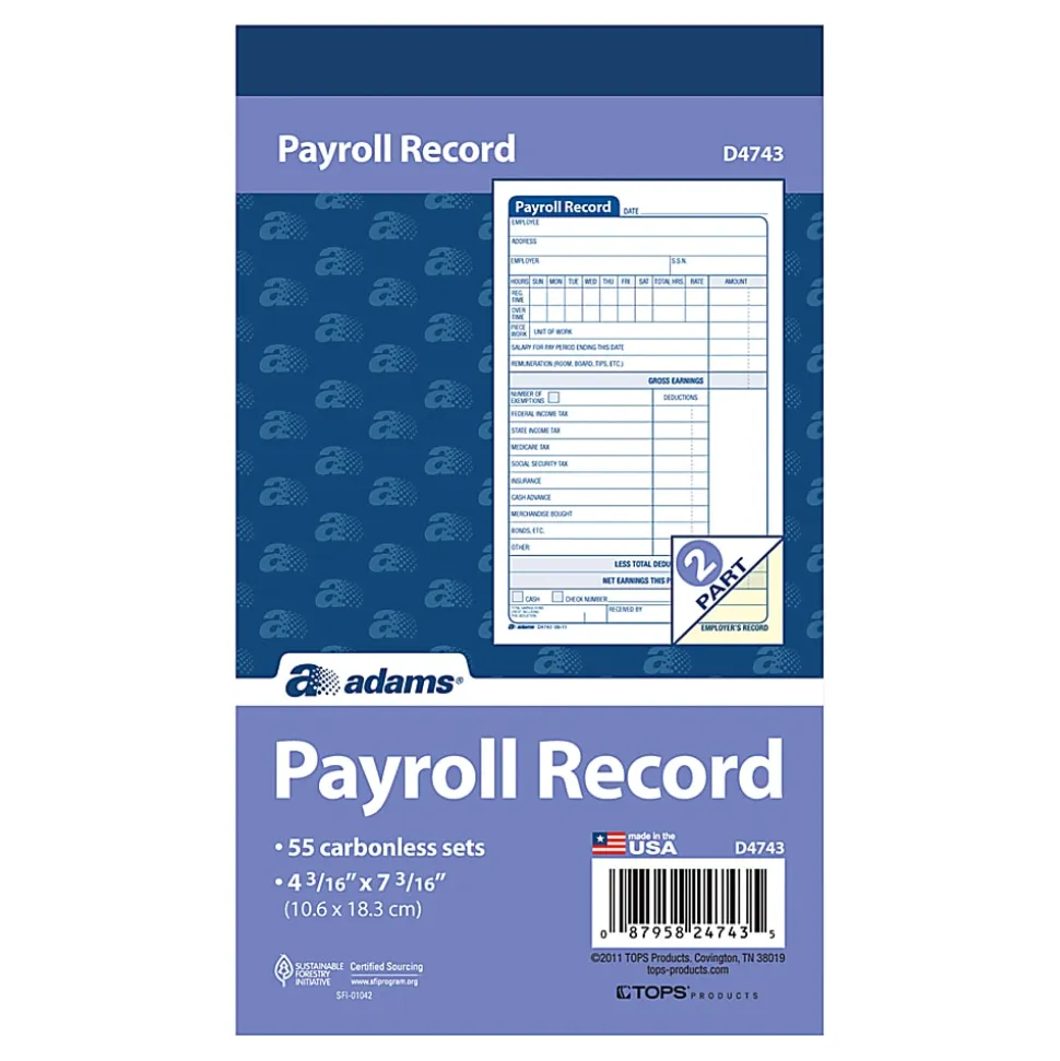 Adams® Carbonless Employee Payroll Record Book, 2-Part, 4 3/16" x 7 3/16", White/Canary, 55 Page Sets