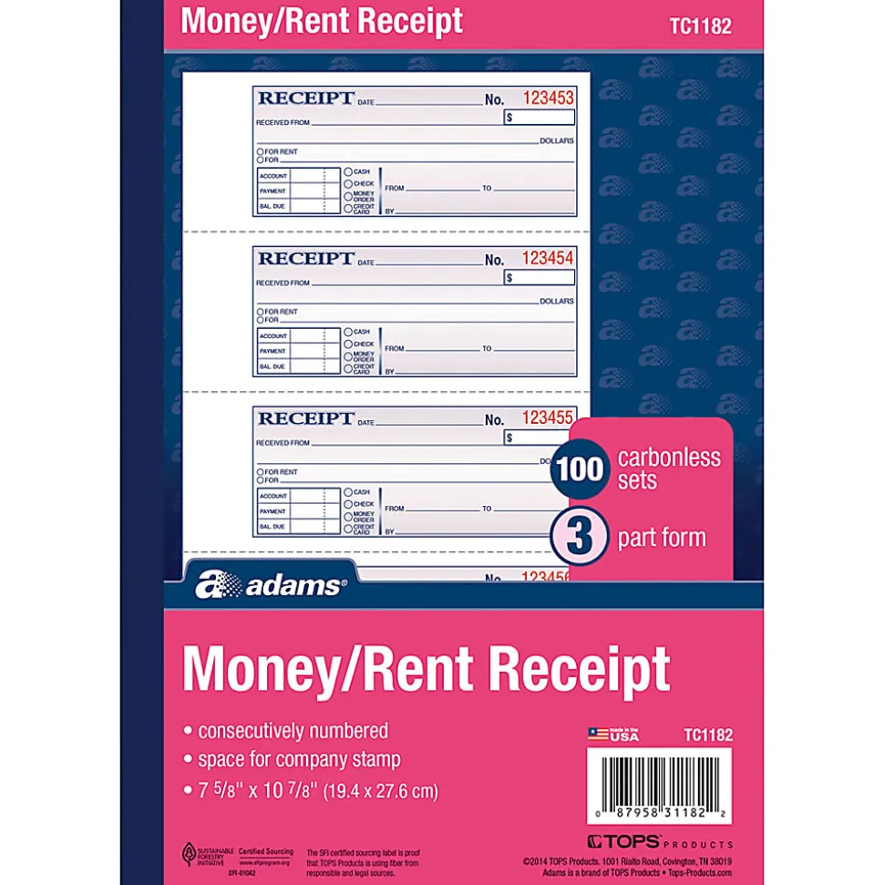 Adams® Carbonless Money/Rent Receipt Book, 3-Part, 7 5/8" x 11", Book Of 100 Sets