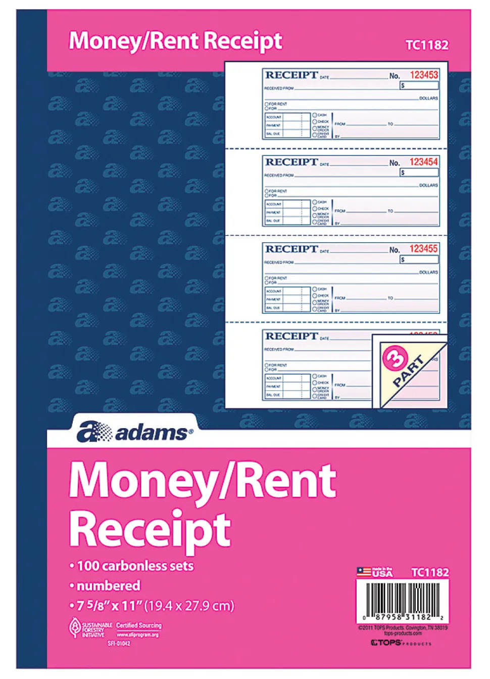 Adams® Carbonless Money/Rent Receipt Book, 3-Part, 7 5/8" x 11", Book Of 100 Sets