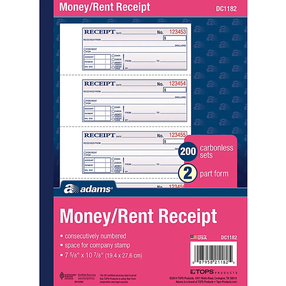 Adams® Carbonless 2-Part Money/Rent Receipt Book, 7 5/8" x 11", Book Of 200 Sets