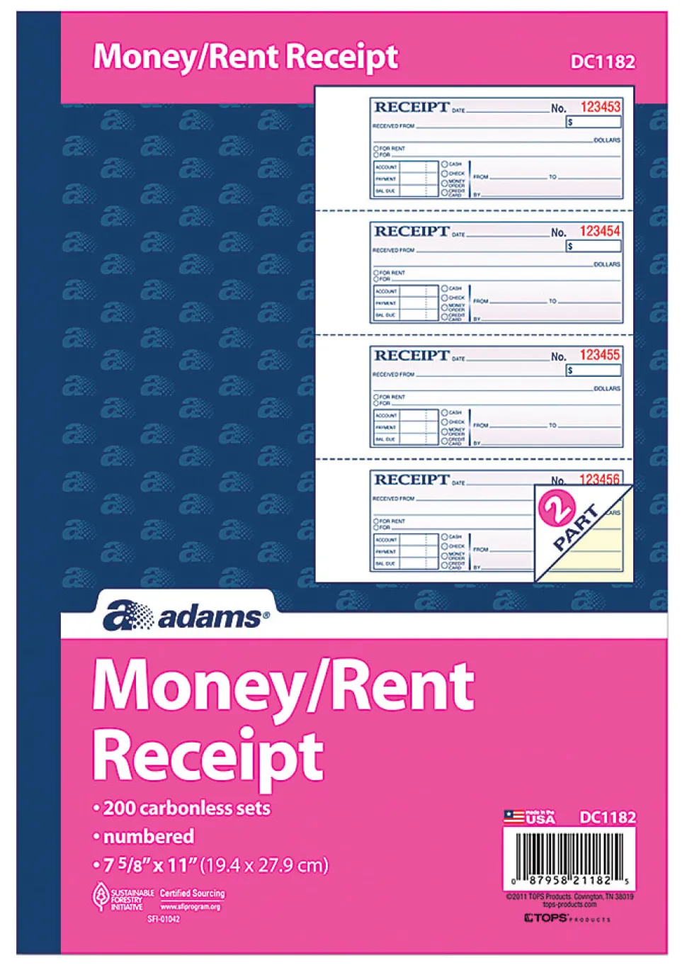 Adams® Carbonless 2-Part Money/Rent Receipt Book, 7 5/8" x 11", Book Of 200 Sets