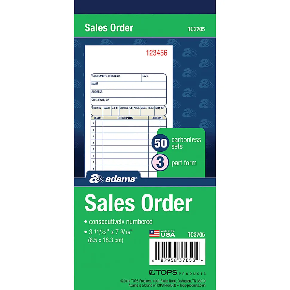 Adams® Carbonless 3-Part Sales Book, 3 11/32" x 7 3/16"