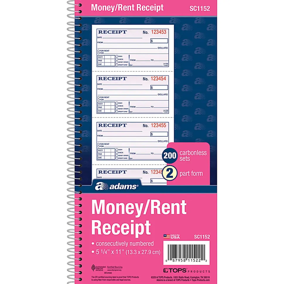 Adams® Carbonless 2-Part Spiral Money/Rent Receipt Book, 11" x 5 1/4", Book Of 200 Sets