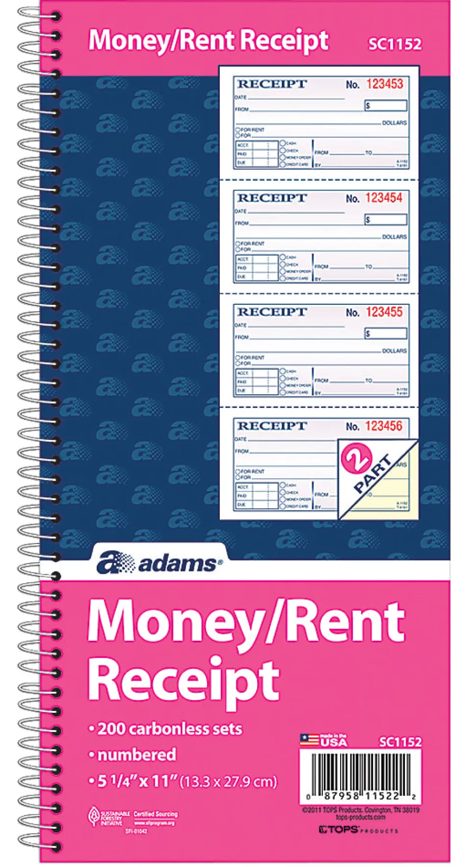 Adams® Carbonless 2-Part Spiral Money/Rent Receipt Book, 11" x 5 1/4", Book Of 200 Sets