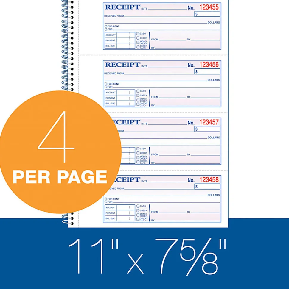Adams® Carbonless 2-Part Spiral Money/Rent Receipt Book, 7 5/8" x 11", Book Of 200 Sets