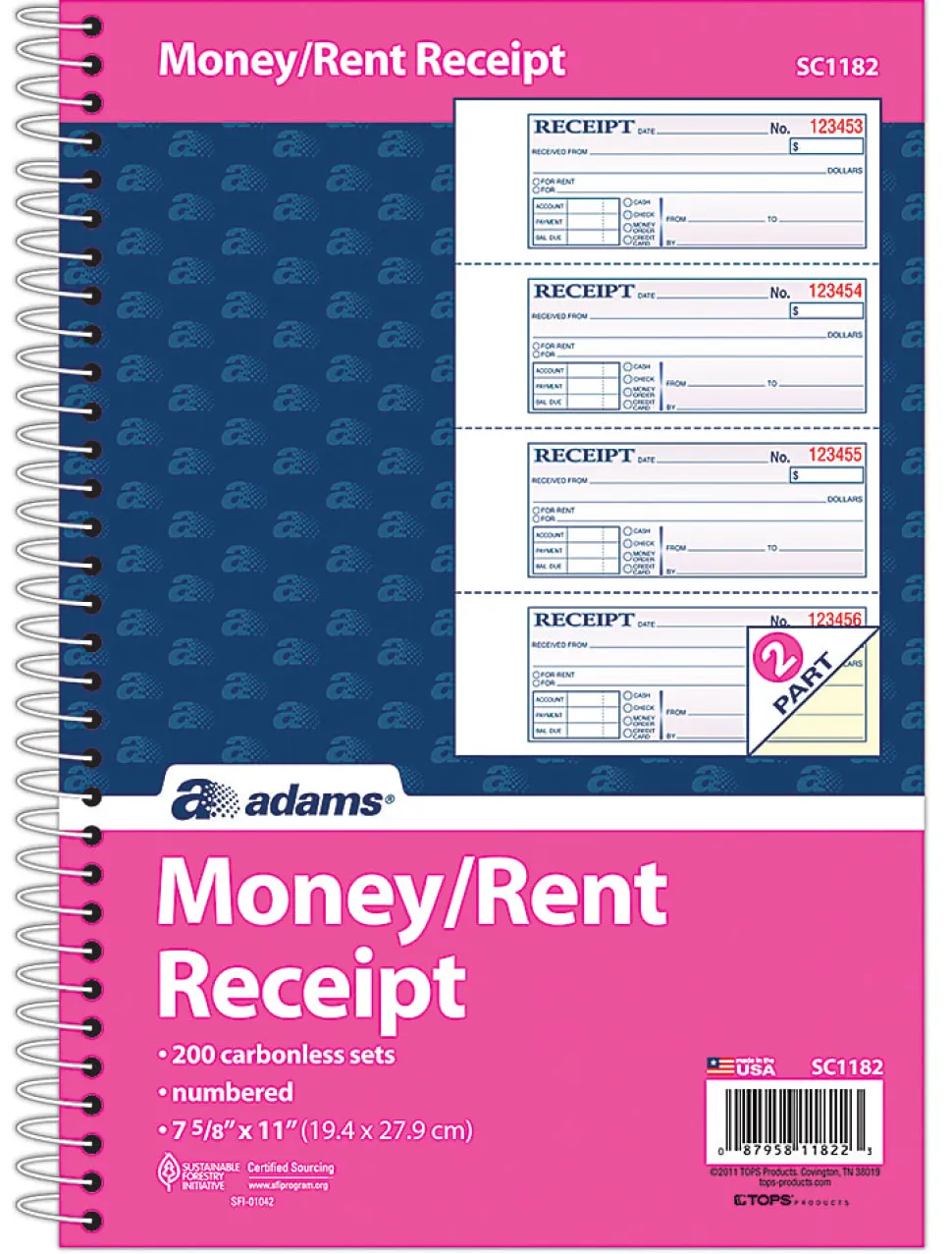 Adams® Carbonless 2-Part Spiral Money/Rent Receipt Book, 7 5/8" x 11", Book Of 200 Sets