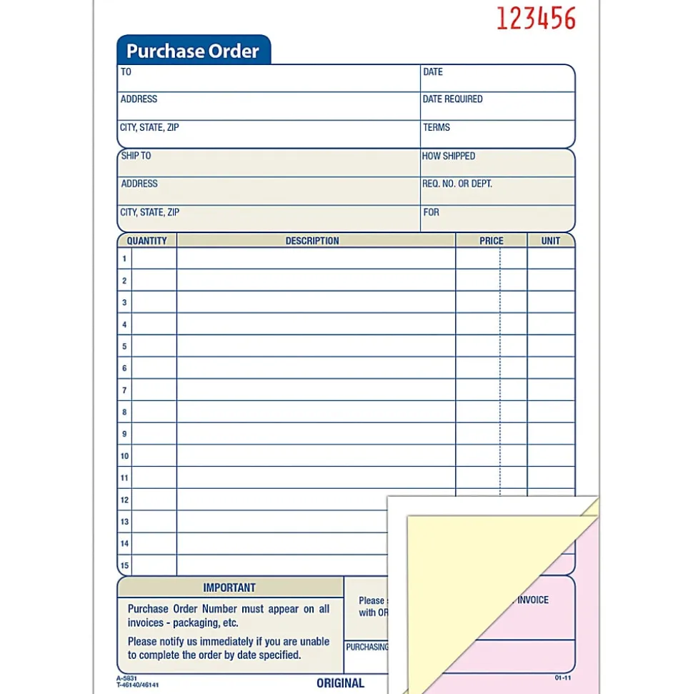 Adams® Carbonless Purchase Order Book, 5 9/16" x 8 7/16", 3-Part, 50 Set Pad