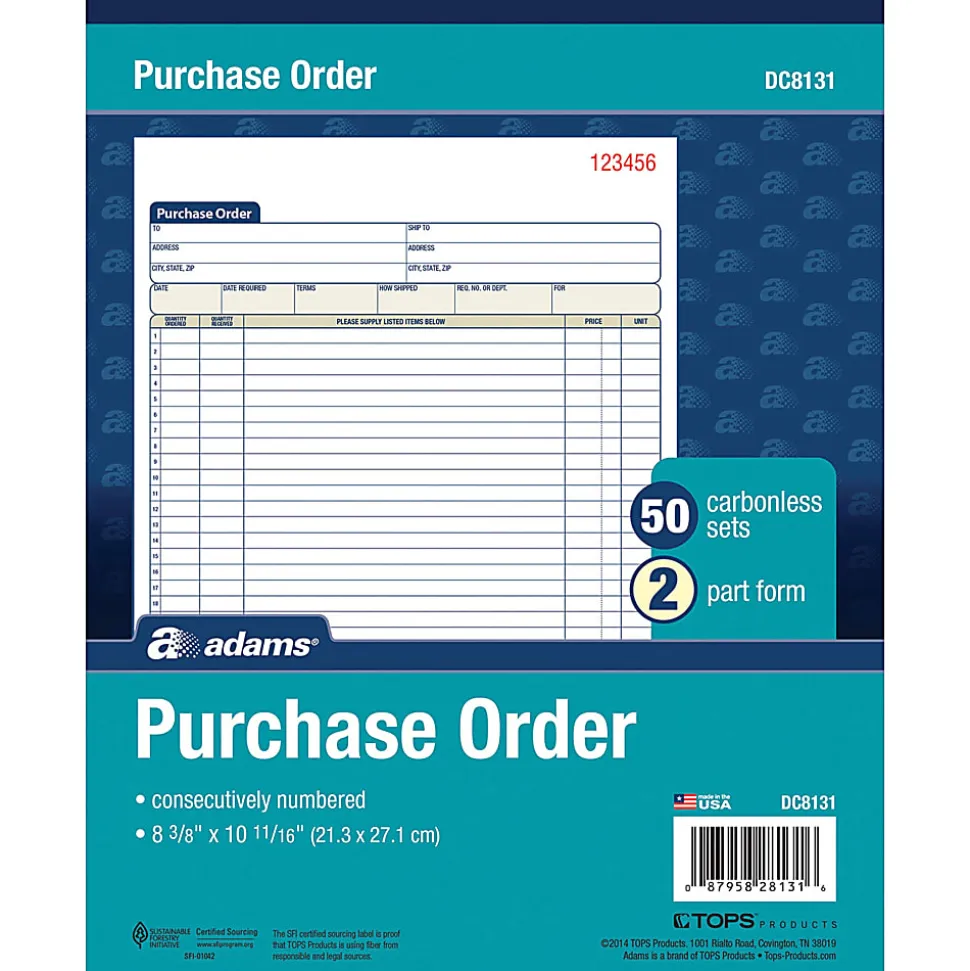 Adams® Carbonless Purchase Order Book, 8 3/8" x 10 11/16", 2-Part, 50 Set Pad