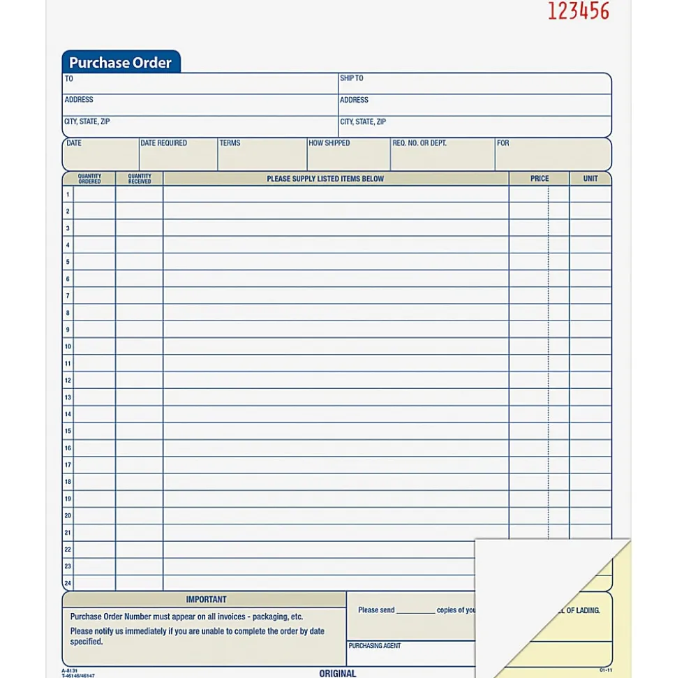Adams® Carbonless Purchase Order Book, 8 3/8" x 10 11/16", 2-Part, 50 Set Pad