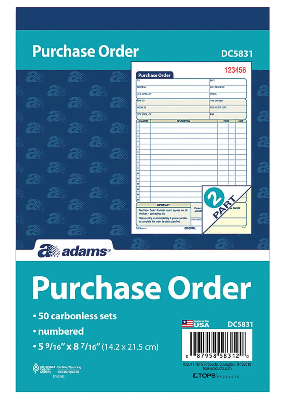 Adams® Carbonless Purchase Order Book, 5 9/16" x 8 7/16", 2-Part, 50 Set Pad