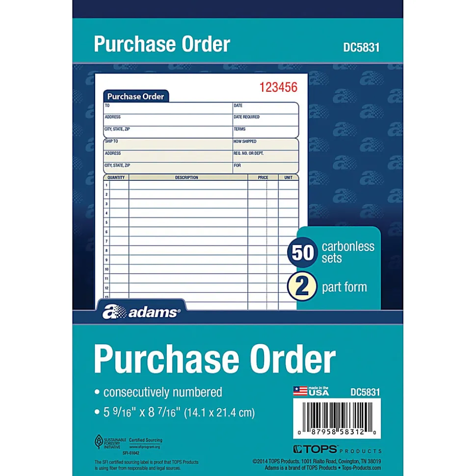 Adams® Carbonless Purchase Order Book, 5 9/16" x 8 7/16", 2-Part, 50 Set Pad