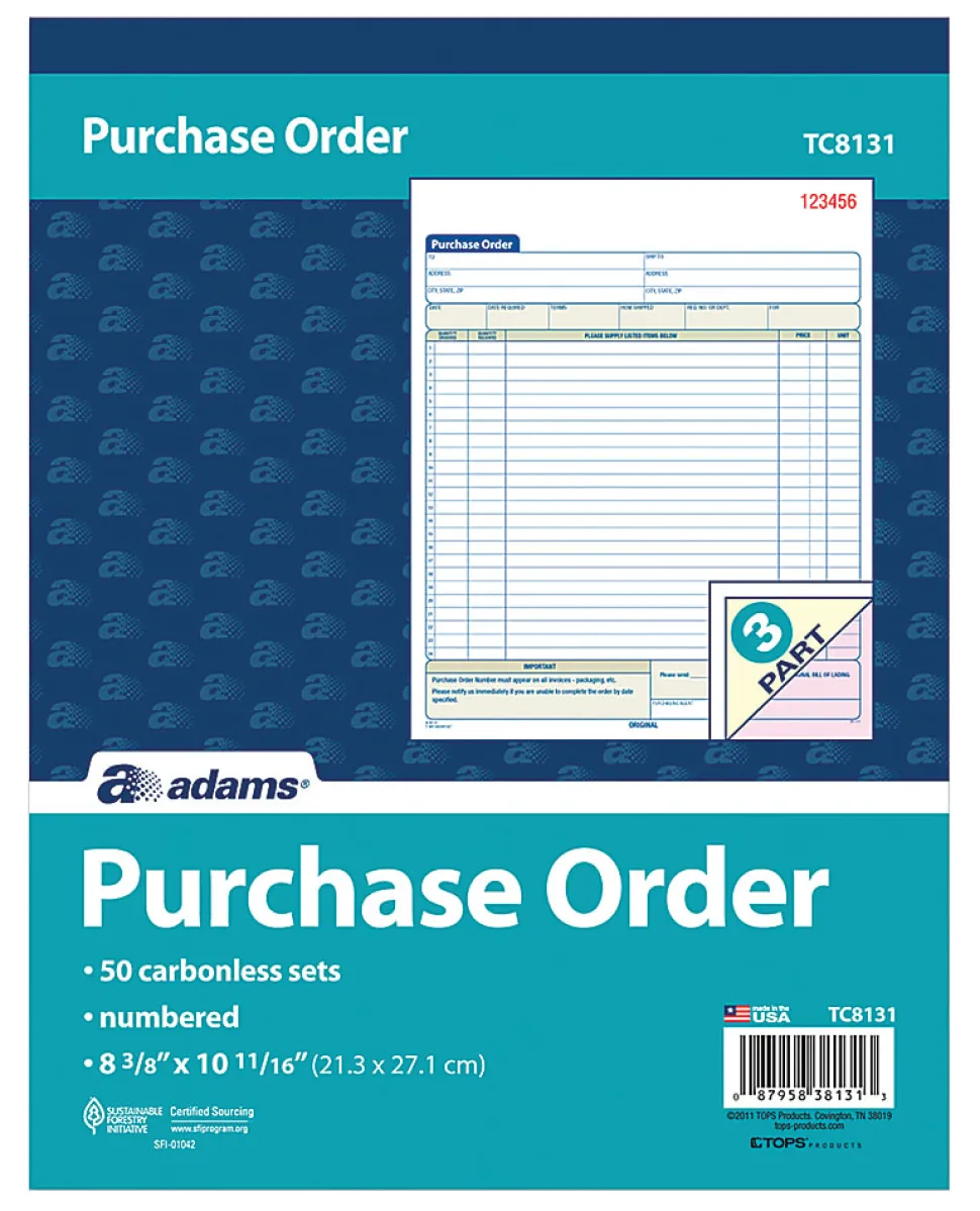 Adams® Carbonless Purchase Order Book, 8 3/8" x 10 11/16", 3-Part, 50 Set Pad