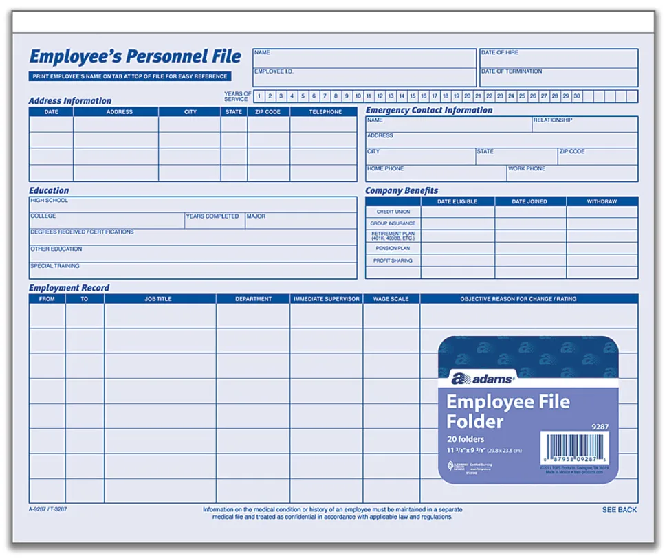 Adams® Employee Record Folders, 9 1/2" x 11 3/4", Folded, Pack Of 20