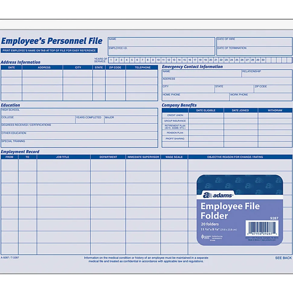 Adams® Employee Record Folders, 9 1/2" x 11 3/4", Folded, Pack Of 20