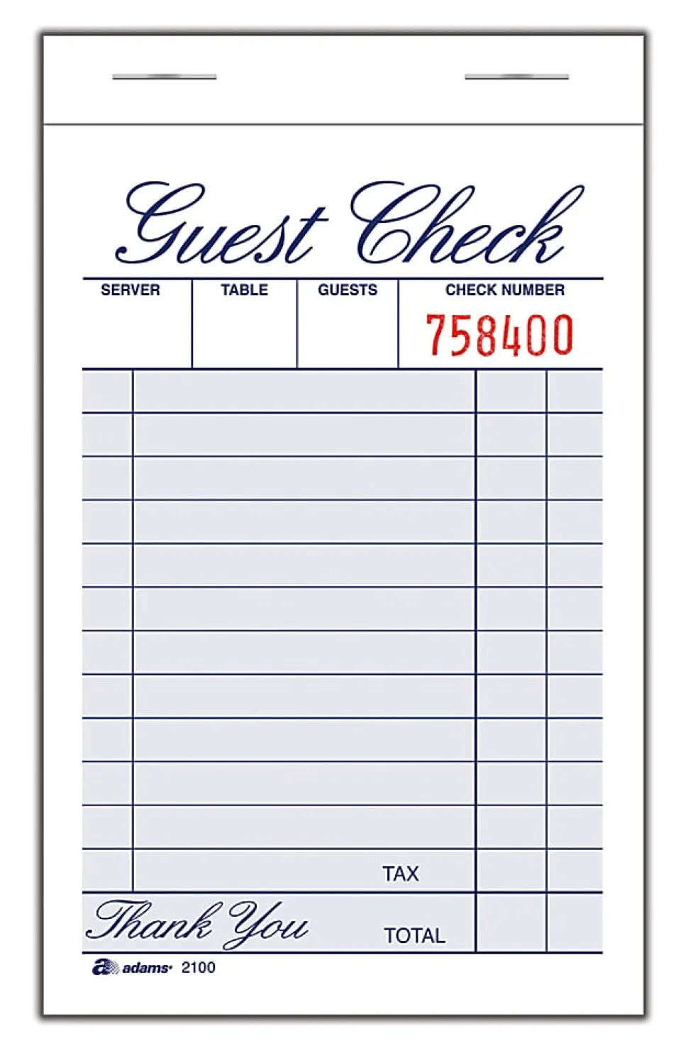 Adams® Guest Check Books, 1-Part, 3 3/8" x 5", 12 Pads Of 100 Sheets Each (1,200 Guest Checks Total)