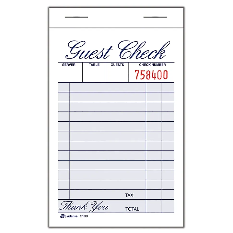 Adams® Guest Check Books, 1-Part, 3 3/8" x 5", 12 Pads Of 100 Sheets Each (1,200 Guest Checks Total)