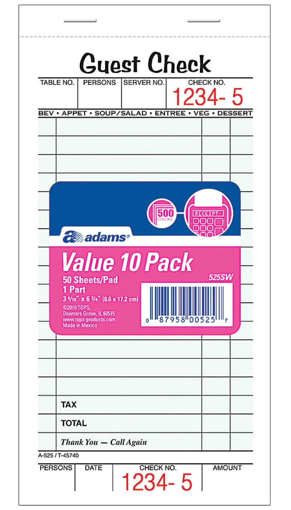 Adams® Guest Check Books, 1-Part, 3 2/5" x 6 3/4", 10 Pads Of 50 Sheets Each (500 Guest Checks Total)