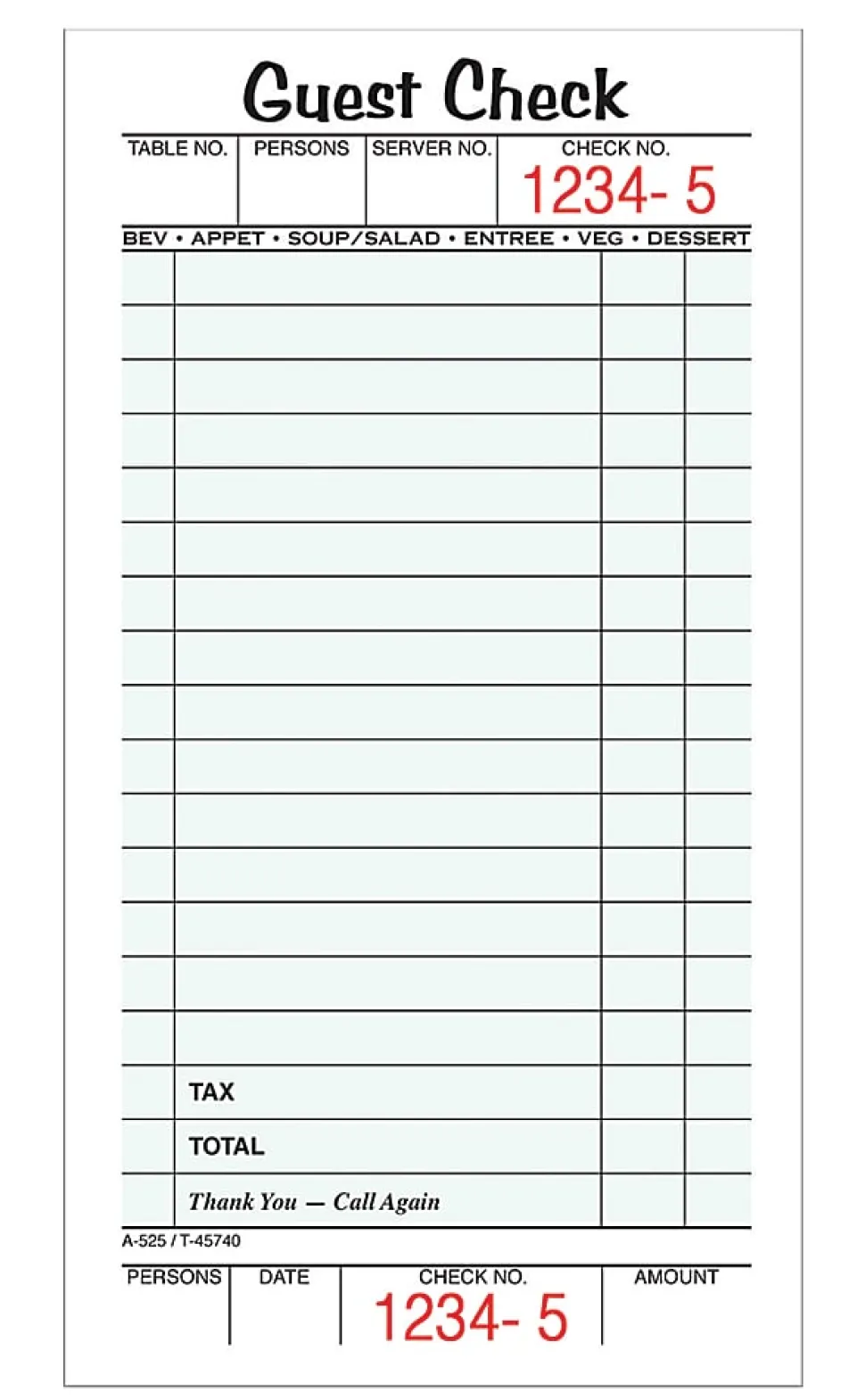 Adams® Guest Check Books, 1-Part, 3 2/5" x 6 3/4", 10 Pads Of 50 Sheets Each (500 Guest Checks Total)
